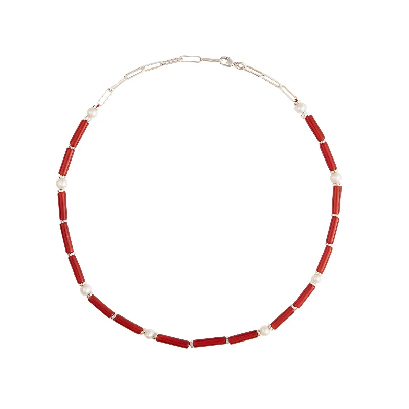 Carnelian Silver Necklace w. Pearls