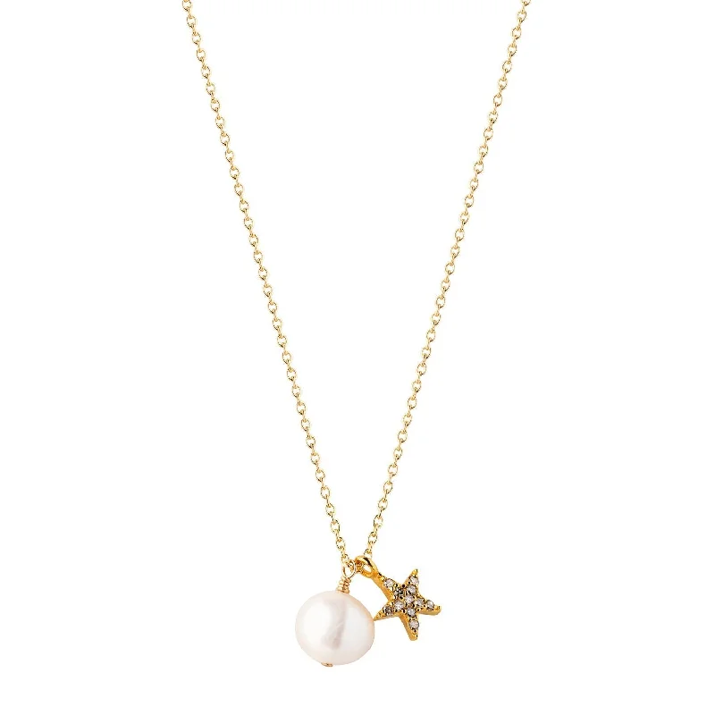 Pearl & Star Gold Plated Necklace w. Pearl & Diamond