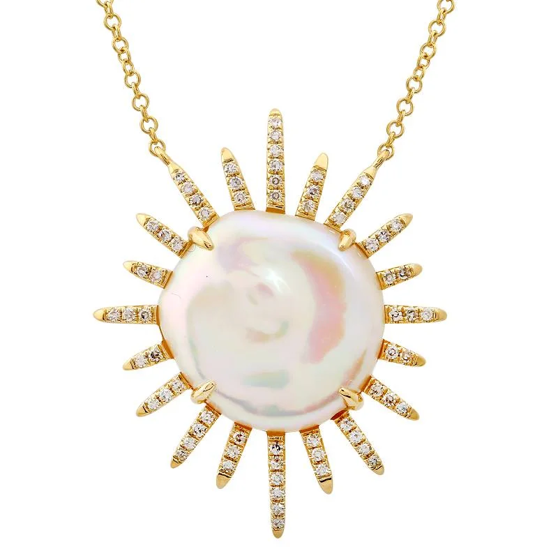 vintage flower brooch pin 14k Yellow Gold Coin Pearl Sun Necklace