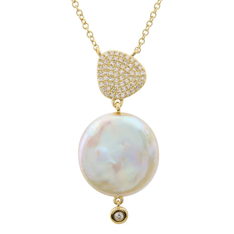 crystal-studded gold ring 14k Yellow Gold Coin Pearl Diamond Necklace