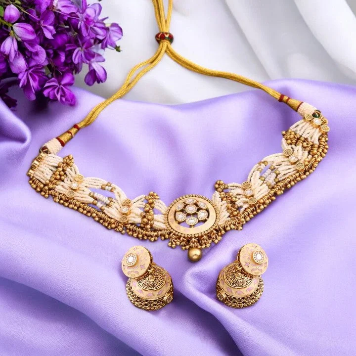 gold daisy stud earrings Golden Geethanjali Antique Rajwadi Set