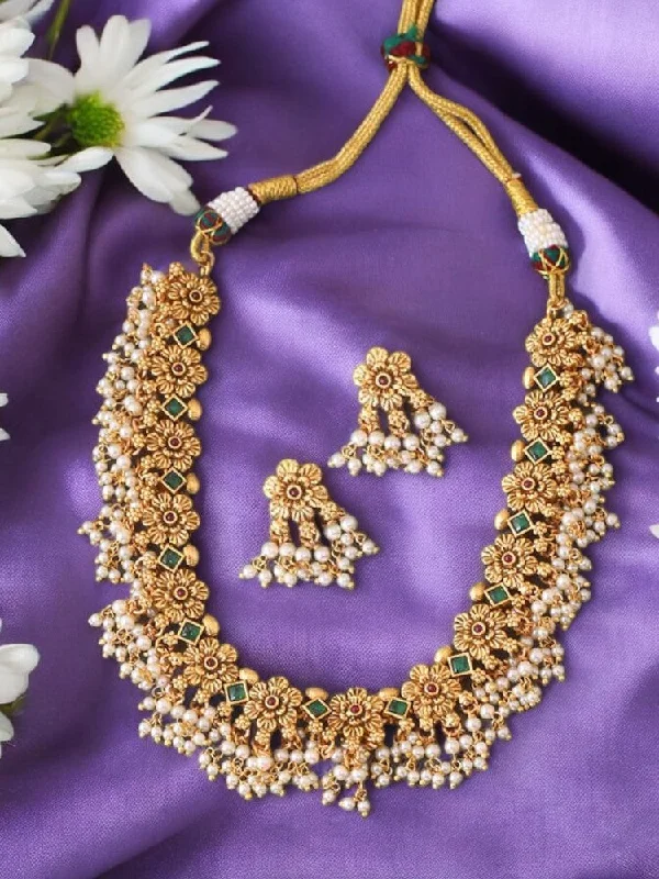 classic pearl choker necklace Golden Shrinkhla Antique Jewellery Set