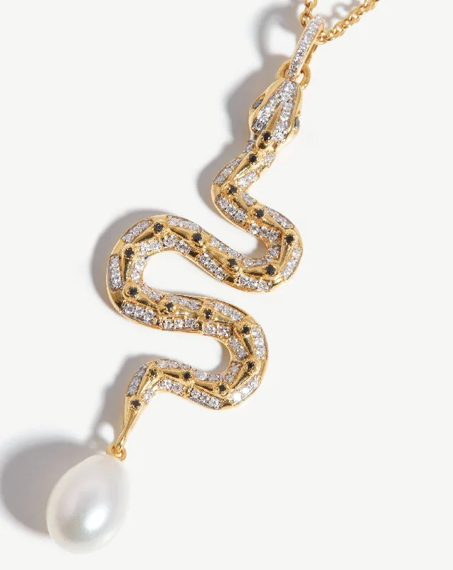 handmade leather pendant necklace Harris Reed Fine Serpent Necklace | 14ct Solid Gold/Pearl & Diamond