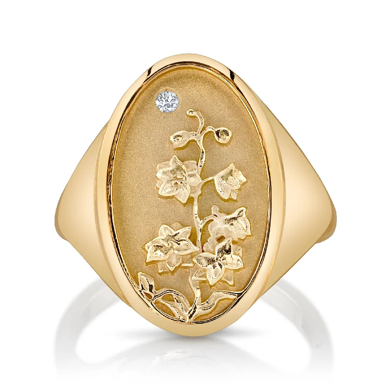 personalized ring with name JULY BIRTH FLOWER SIGNET RING