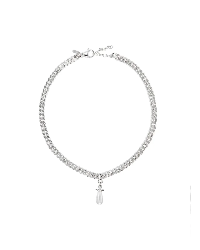 Chunky Chain Drop Silver Necklace w. Glass Pearl