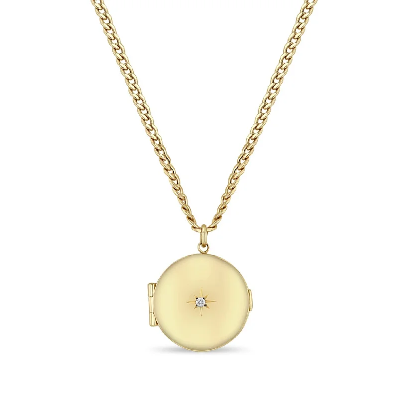 adjustable charm necklace Medium Round Diamond Locket Curb Chain Necklace