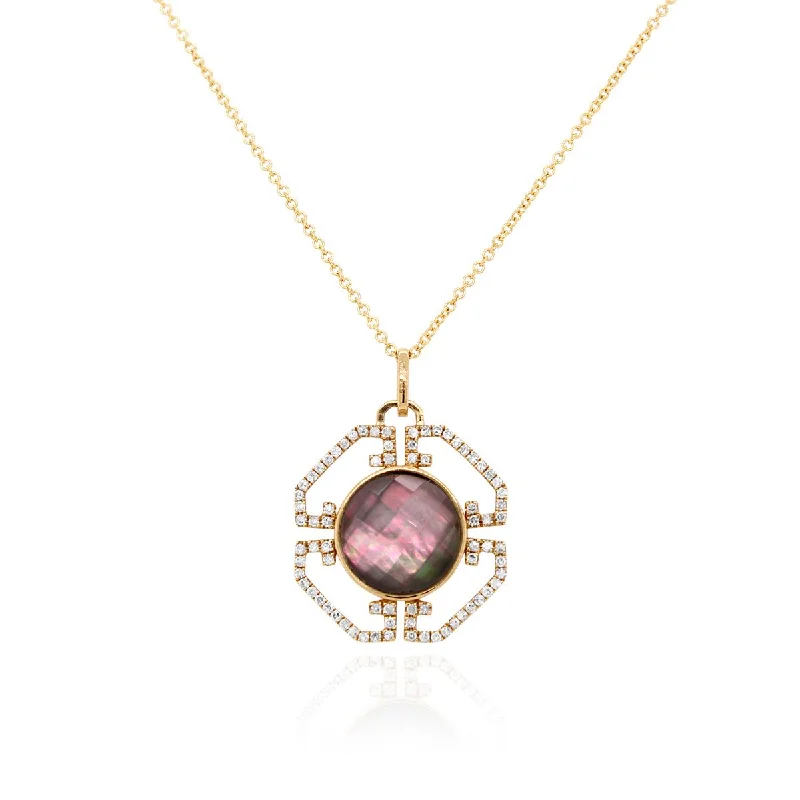 MODERN YELLOW GOLD PENDANT NECKLACE WITH MOTHER OF PEARL AND QUARTZ DOUBLET AND DIAMONDS, .24 CT TW