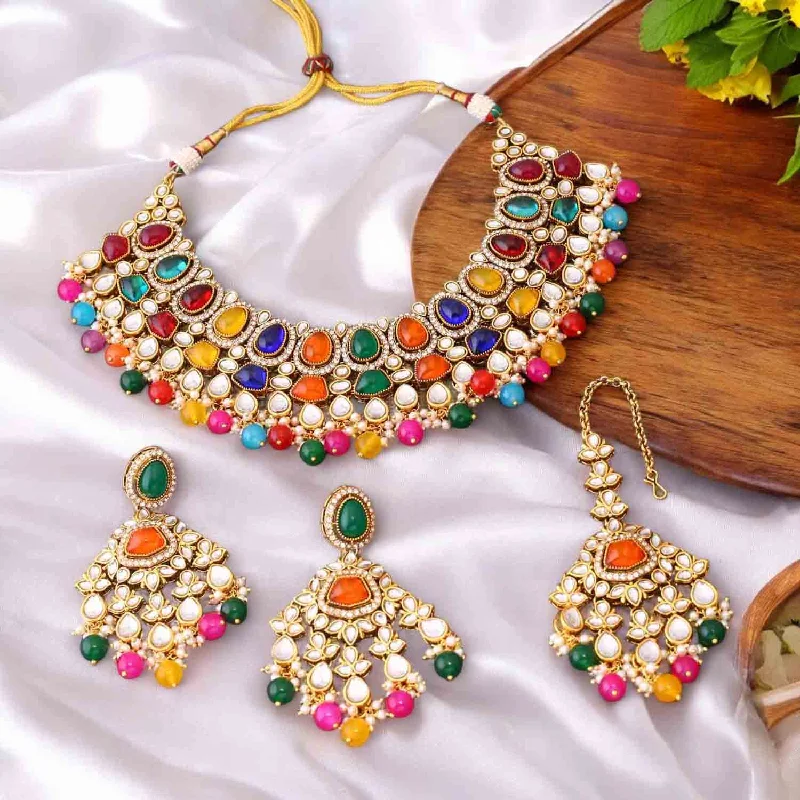 modern hexagon stud earrings Multicolor Shushmita Kundan Jewellery Set
