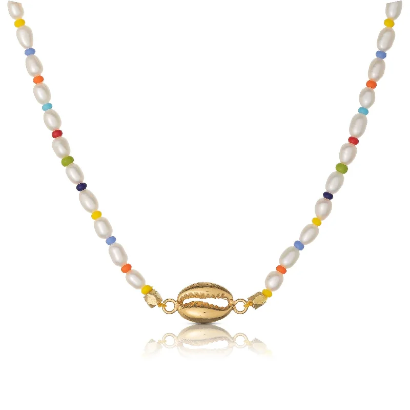 Cowrie 18K Gold Plated Necklace w. Pearls