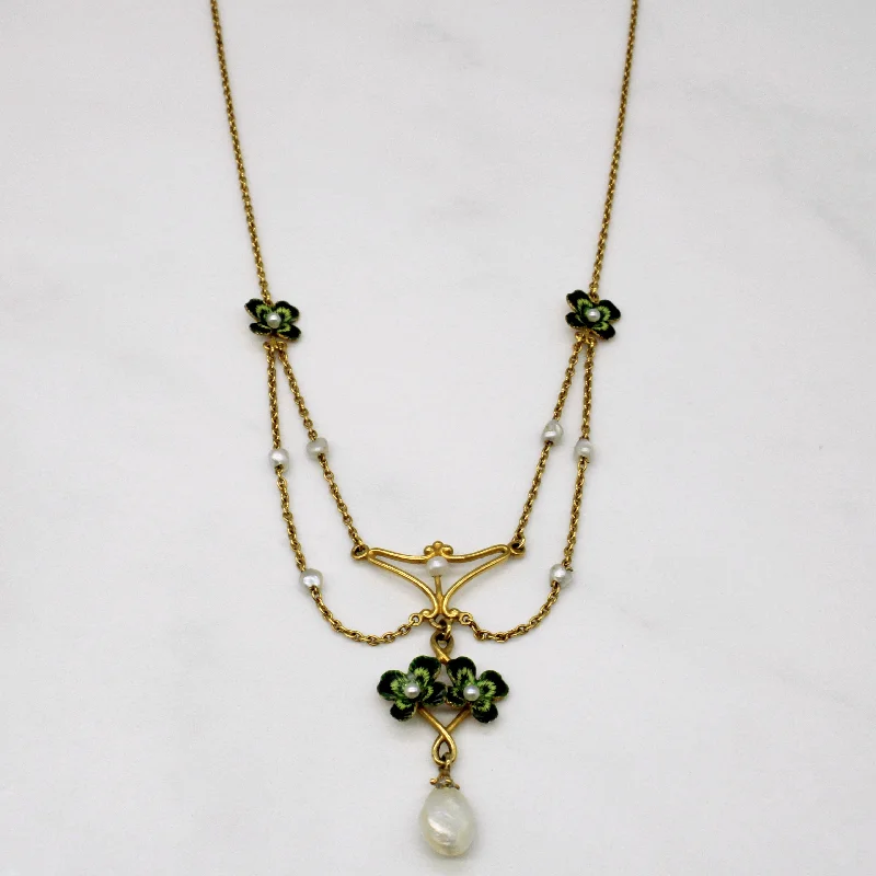 rose gold cartilage barbell Art Nouveau Inspired Natural Pearl and Enamel Four Leaf Clover Choker | 14" |