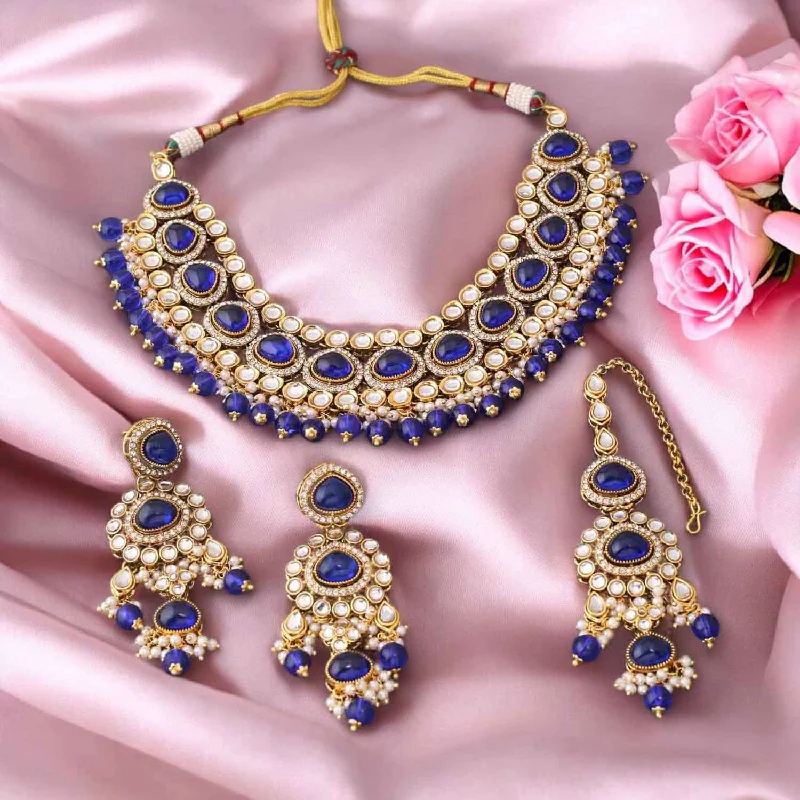 unique crystal bar necklace Navy Nikhina Kundan Jewellery Set