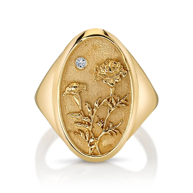 hexagon-shaped engagement ring unique OCTOBER BIRTH FLOWER SIGNET RING