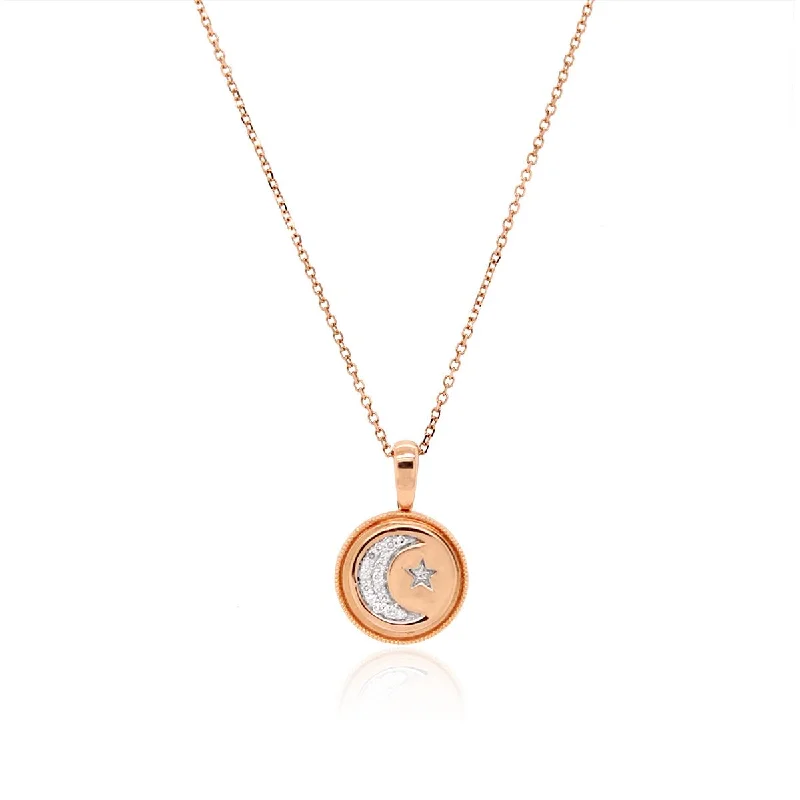 ROSE GOLD CIRCLE PENDANT WITH MOON DESIGN OF DIAMONDS, .05 CT TW