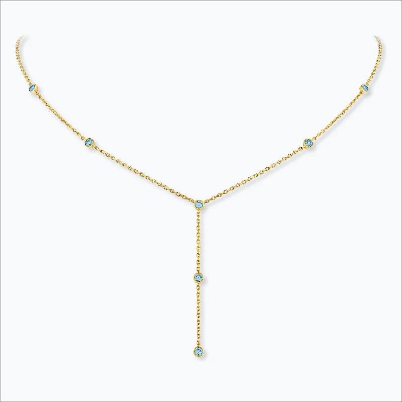 7 Stone 18K Gold Necklace w. Aquamarine