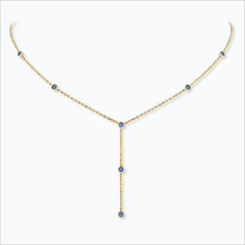 7 Stone 18K Gold Necklace w. Blue Sapphires