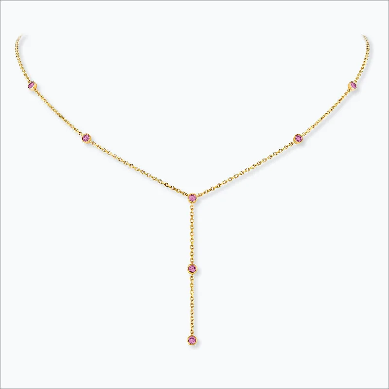 7 Stone 18K Gold Necklace w. Pink Sapphires