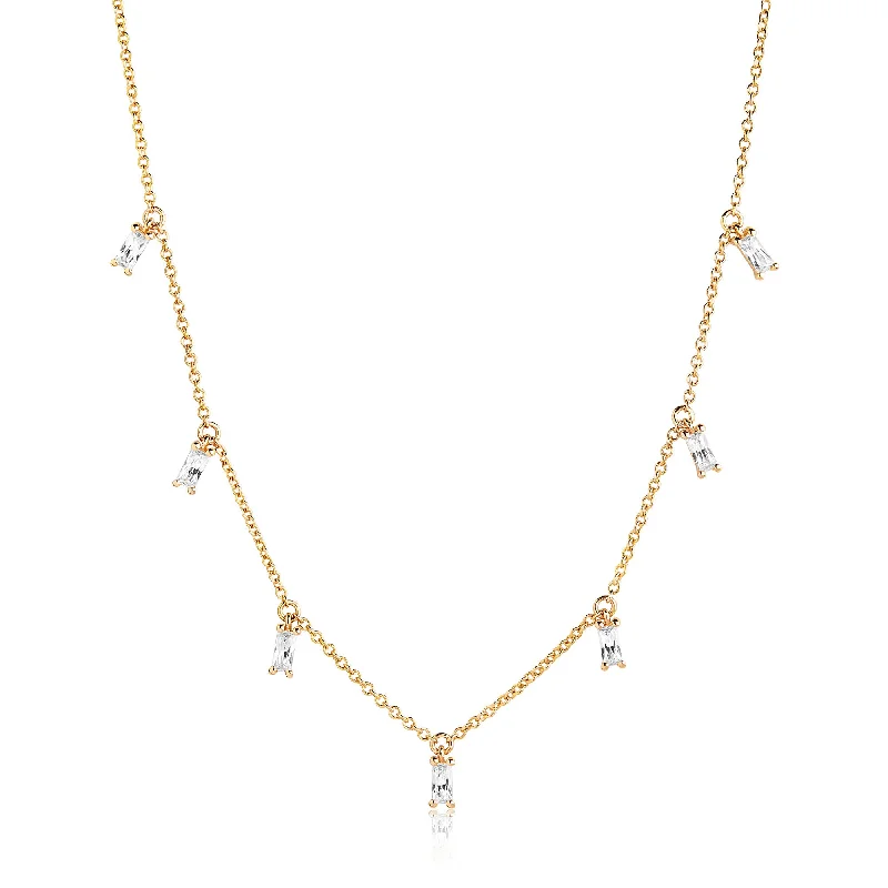 Princess Baquette Gold Plated Necklace w. White Zirconias