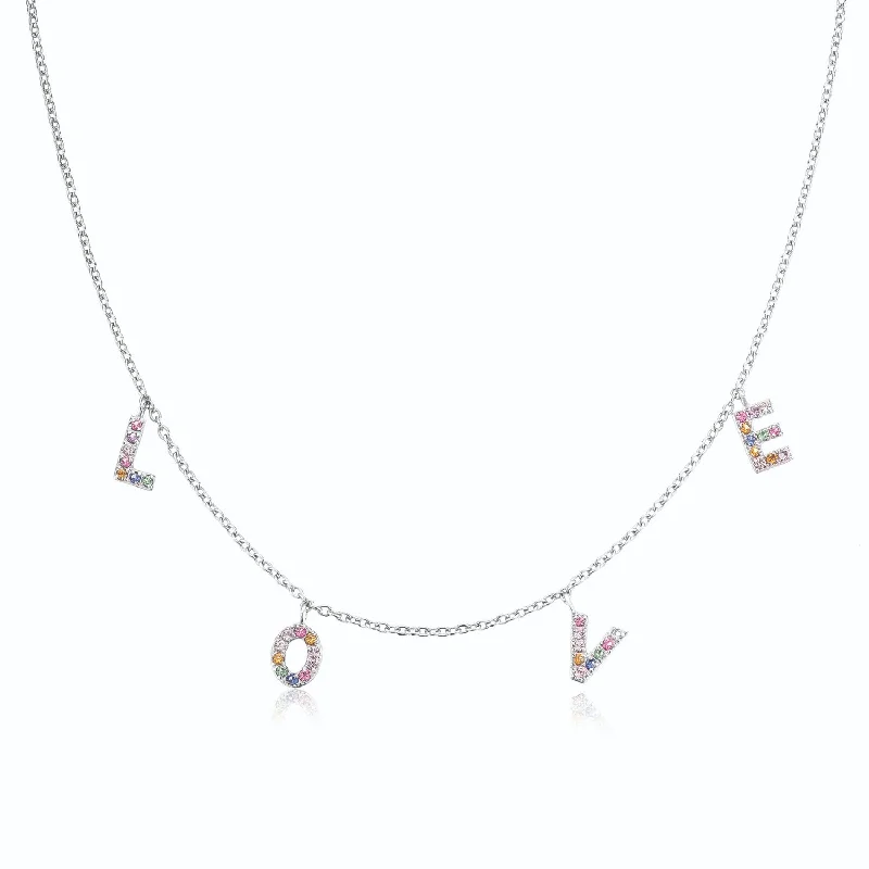 personalized gold bar necklace Sterling Silver  40-45mm with Round Brilliant Cut Cubic Zirconia Rainbow Love Necklace