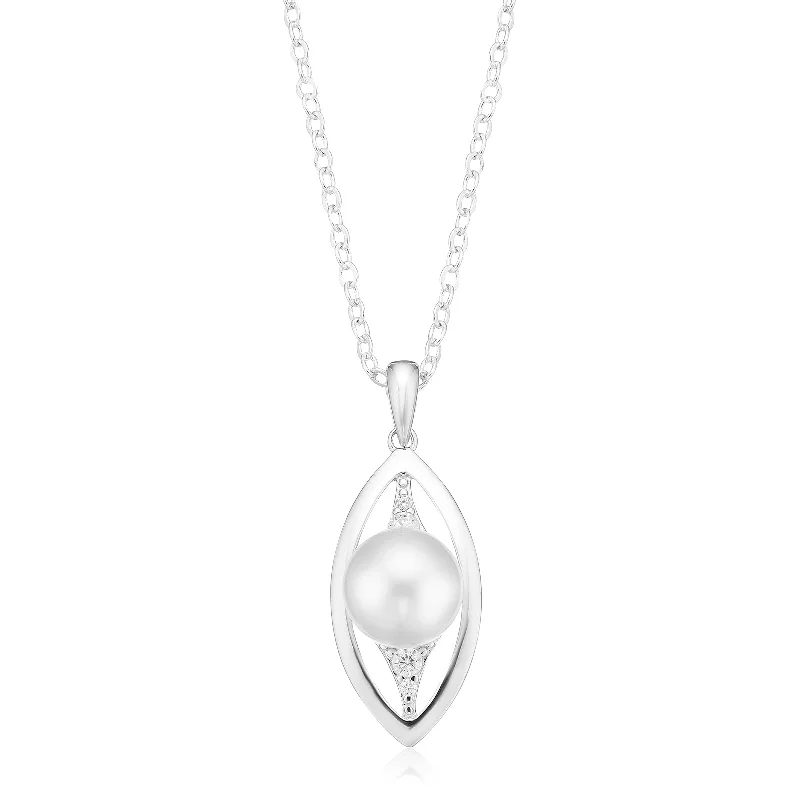 pearl and gold chain earrings Sterling Silver with 8.5-9mm Freshwater Pearl & Cubic Zirconia Pendant