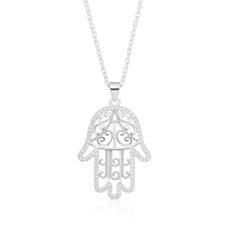 silver moon and star pendant Sterling Silver with White Cubic Zirconia Hand of Fatima Pendant