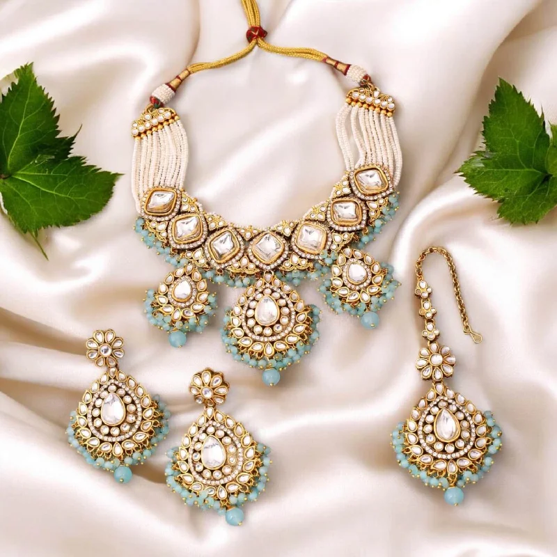 handcrafted raw crystal pendant Turquoise Bhavya Kundan Jewellery Set