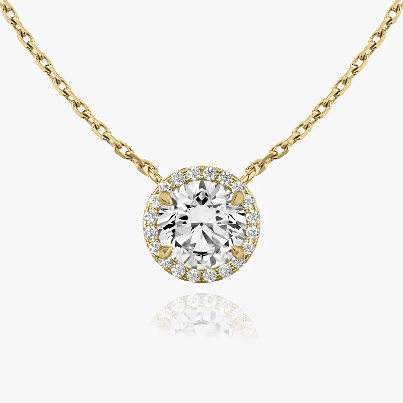 Brilliant Round Halo 14K Gold Necklace w. Lab-Grown Diamonds