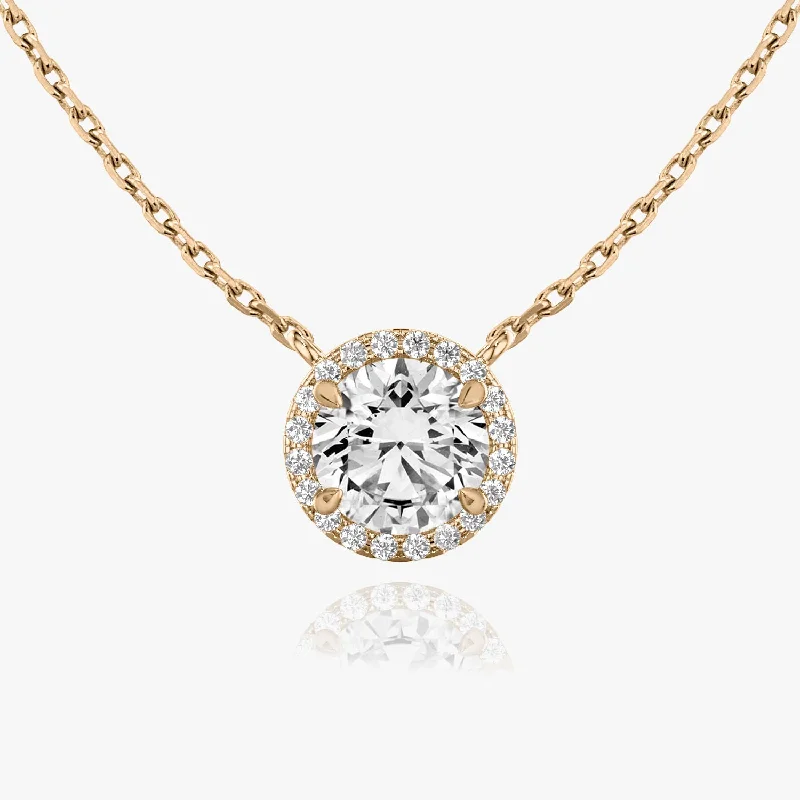 Brilliant Round Halo 14K Rosegold Necklace w. Lab-Grown Diamonds