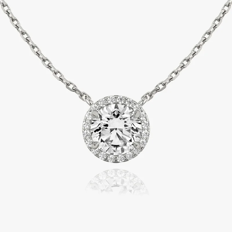 Brilliant Round Halo 14K Whitegold Necklace w. Lab-Grown Diamonds