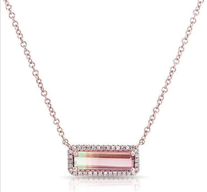 emerald-cut engagement ring halo 14K Rose Gold Watermelon Tourmaline Bar Necklace