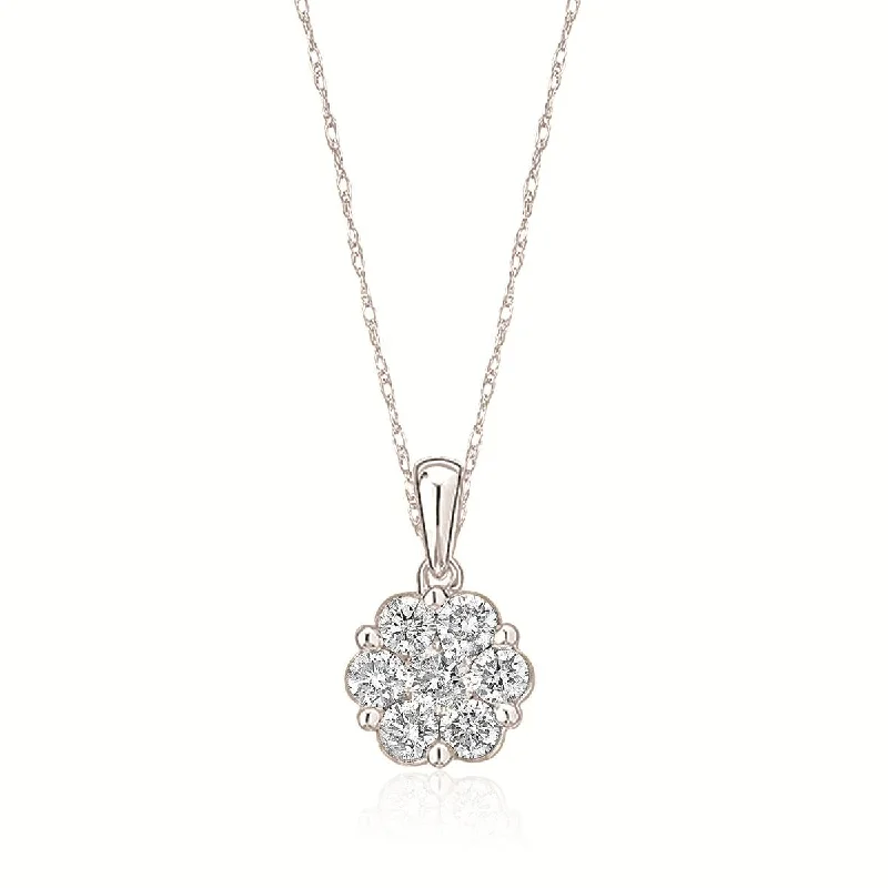 WHITE GOLD DIAMOND CLUSTER FLOWER PENDANT NECKLACE, 3/4 CT TW