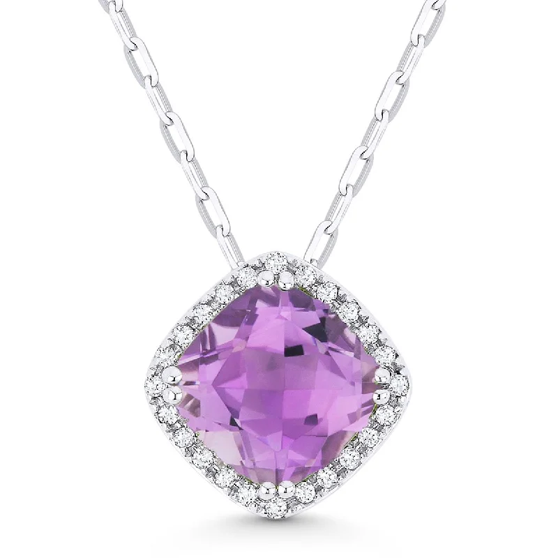 WHITE GOLD PENDANT NECKLACE WITH CUSHION CUT AMETHYST, .07 CT TW