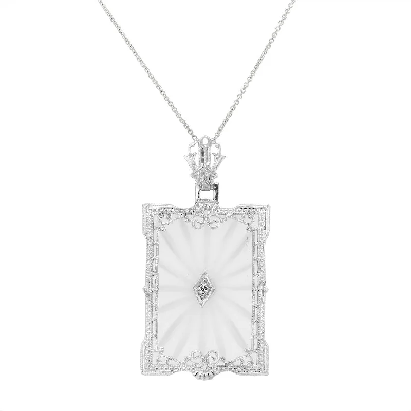 WHITE GOLD VINTAGE STYLE NECKLACE WITH CAMPHOR GLASS AND A DIAMOND, .02 CT TW