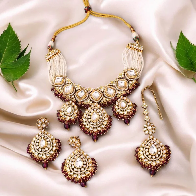 classic diamond solitaire necklace Wine Bhavya Kundan Jewellery Set