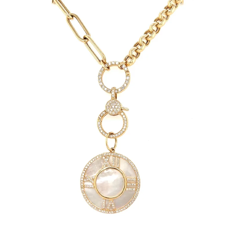 unique tribal silver ring Yellow 14K Diamond Multi Chain Lobster Clasp Necklace with Mother of Pearl Clock Charm