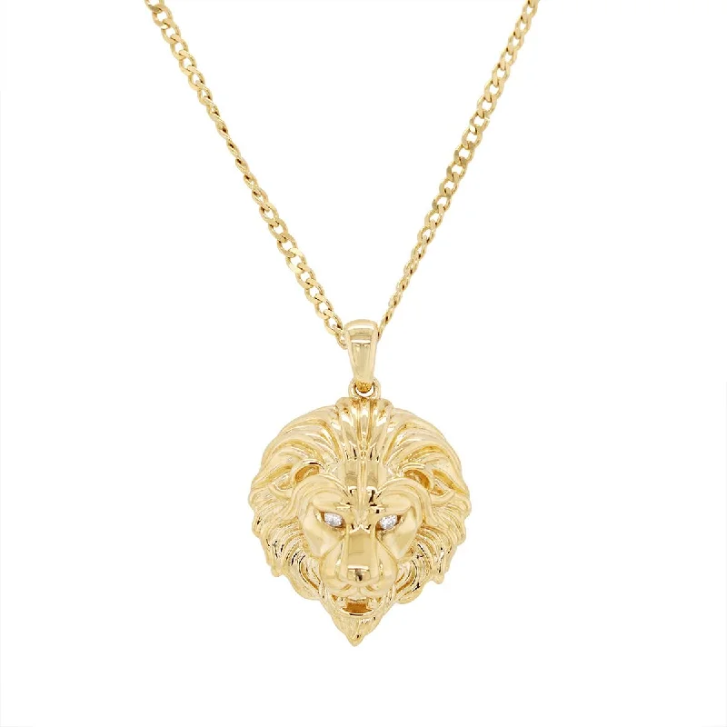 YELLOW GOLD LION HEAD PENDANT NECKLACE WITH DIAMOND EYES, .04 CT TW