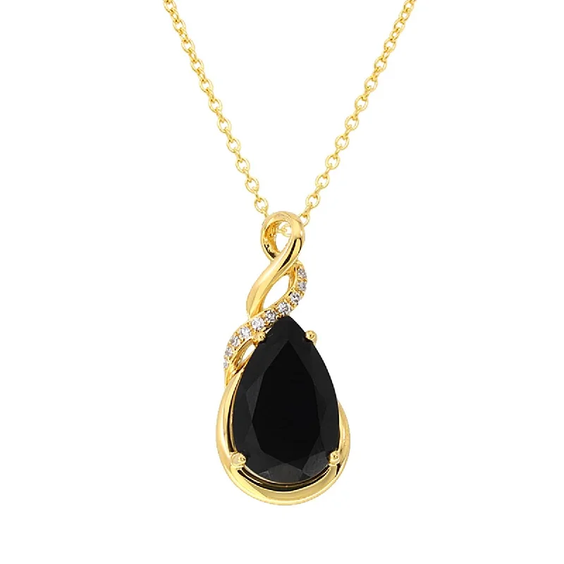 YELLOW GOLD NECKLACE WITH BLACK JADE AND DIAMOND PENDANT, .05 CT TW