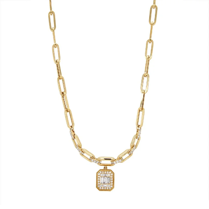 YELLOW GOLD NECKLACE WITH PAPERCLIP CHAIN AND DIAMOND CLUSTER PENDANT, .50 CT TW