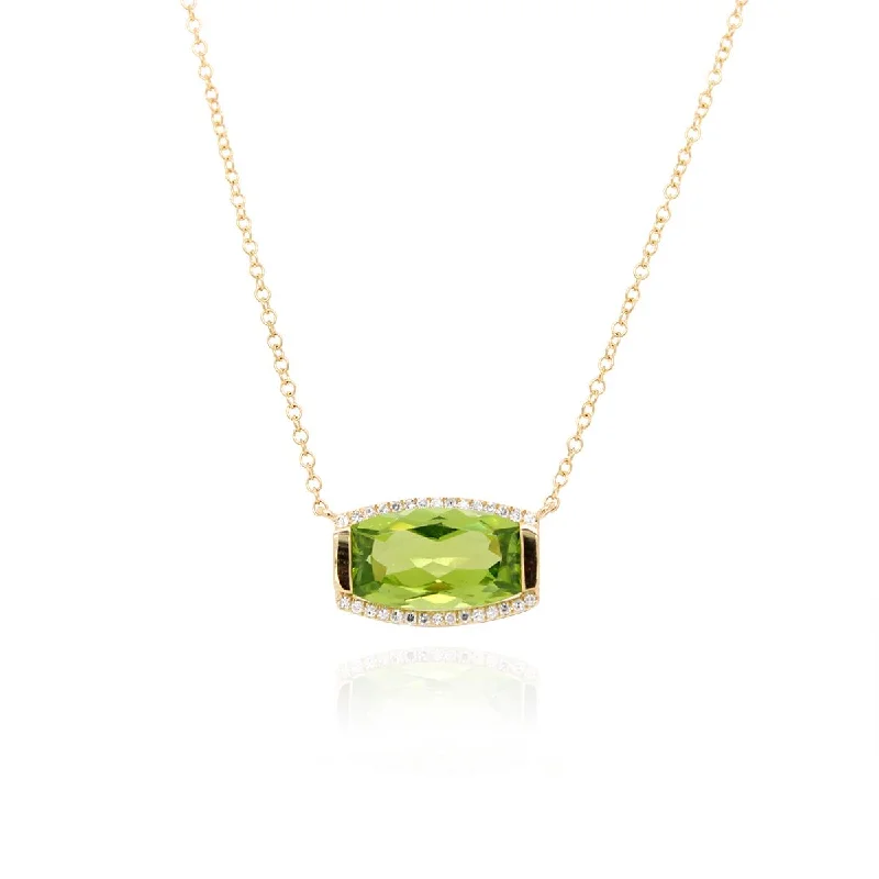 YELLOW GOLD PENDANT NECKLACE WITH FANCY CUT PERIDOT AND DIAMONDS, .09 CT TW