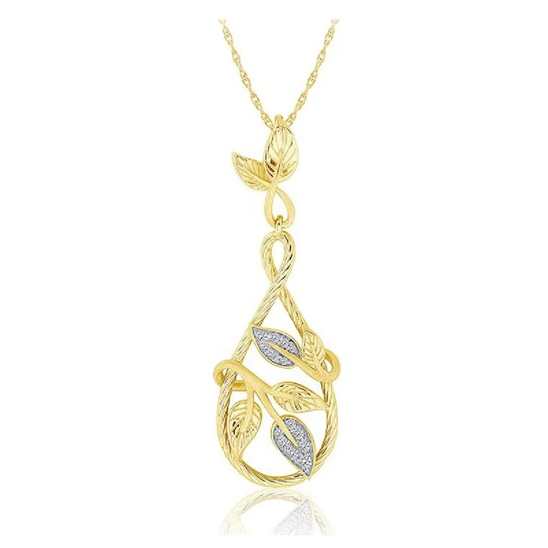 YELLOW GOLD TEAR SHAPED PENDANT WITH LEAVES AND DIAMONDS, 1/8 CT TW